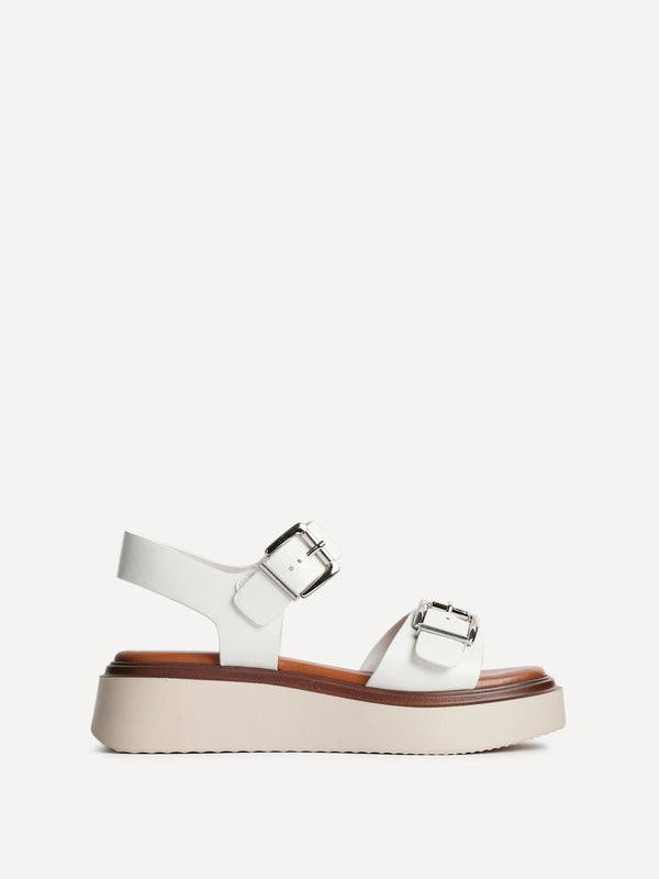 Linzi White Faux Leather Flatform Sandals With Large Buckle Detail