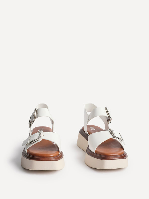 Linzi White Faux Leather Flatform Sandals With Large Buckle Detail