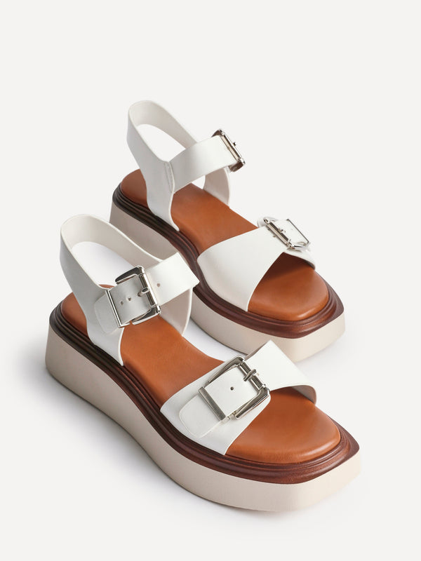 Linzi White Faux Leather Flatform Sandals With Large Buckle Detail