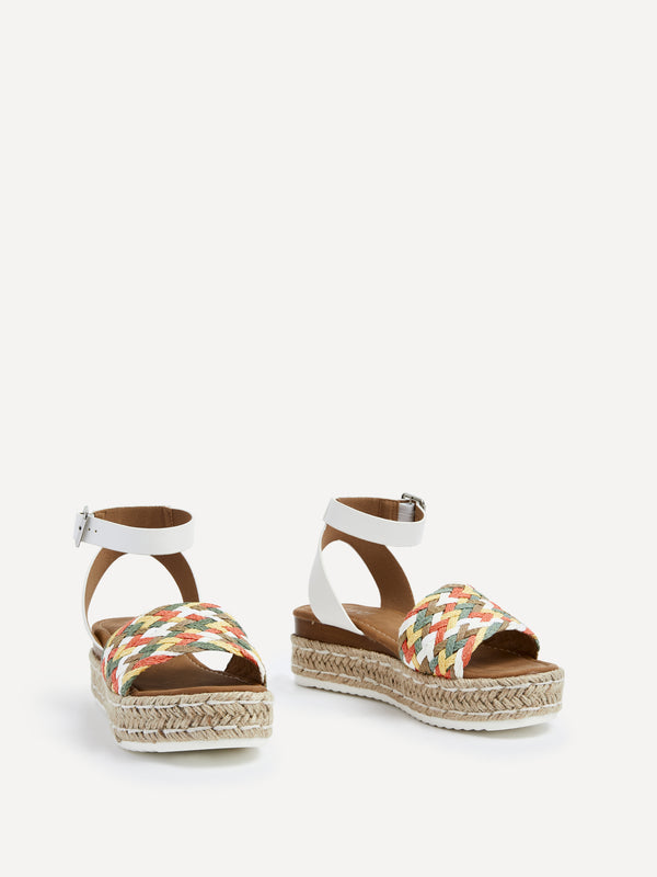 Linzi White Faux Leather Flatform With Multi Coloured Plaited Front Strap