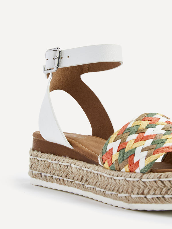 Linzi White Faux Leather Flatform With Multi Coloured Plaited Front Strap