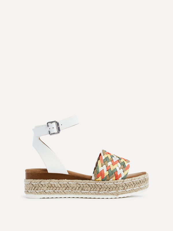 Linzi White Faux Leather Flatform With Multi Coloured Plaited Front Strap