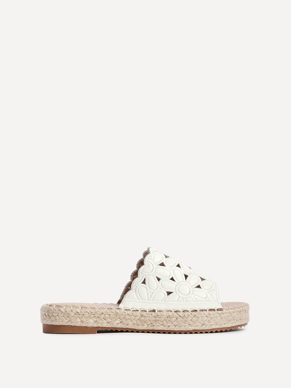 Linzi White Faux Leather Floral Espadrille Flatform Slider