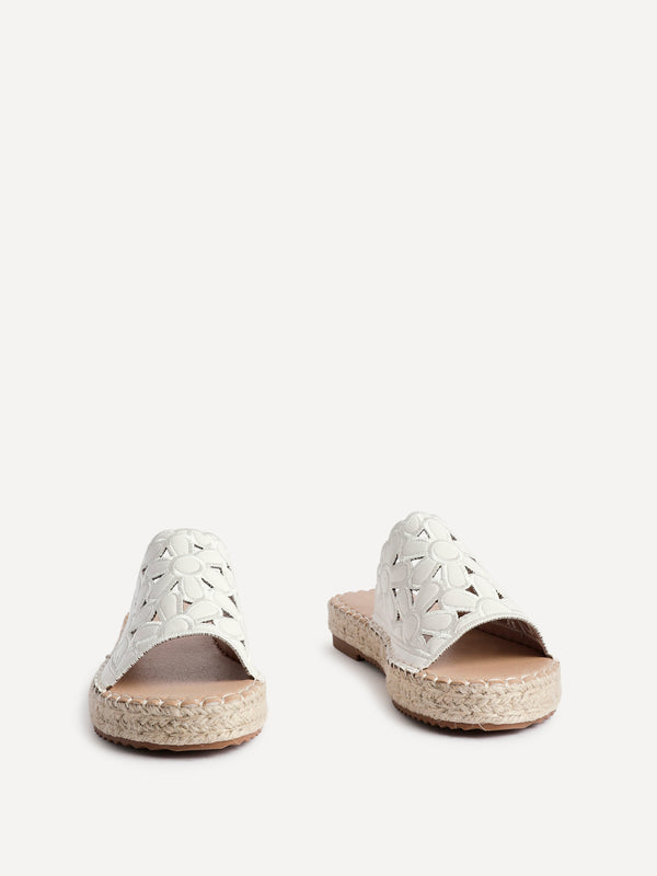 Linzi White Faux Leather Floral Espadrille Flatform Slider