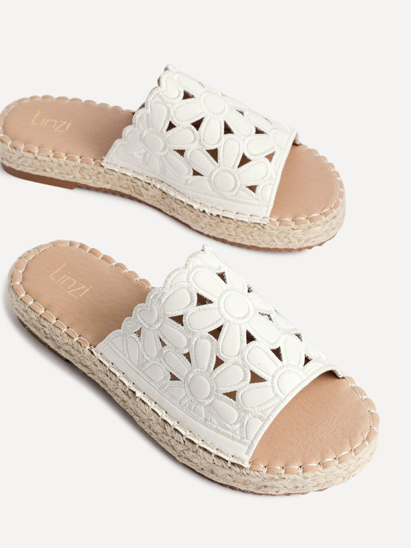 Linzi White Faux Leather Floral Espadrille Flatform Slider