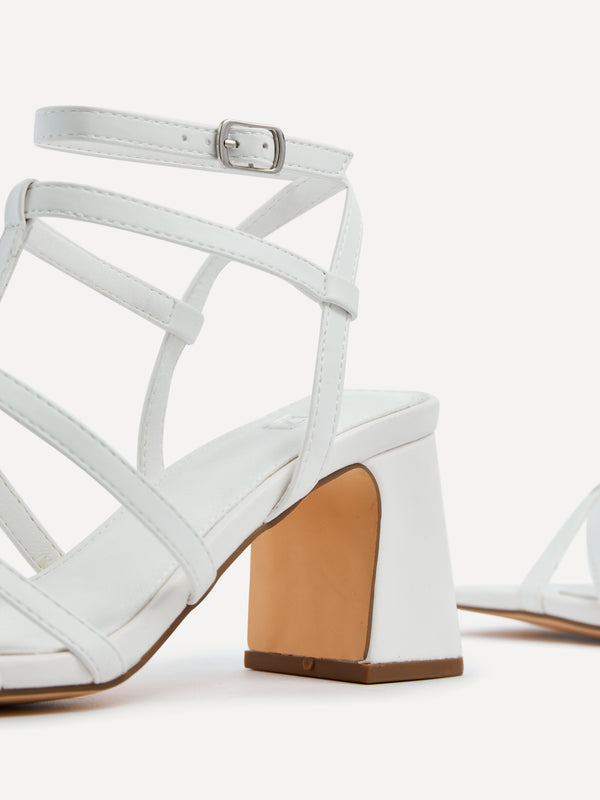 Linzi White Faux Leather Gladiator Style Block Heel Sandal