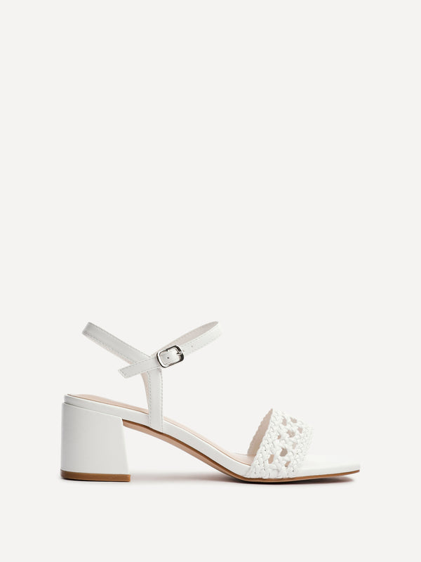 Linzi White Faux Leather Handwoven Low Block Heeled Sandal