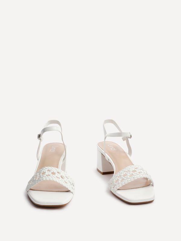 Linzi White Faux Leather Handwoven Low Block Heeled Sandal