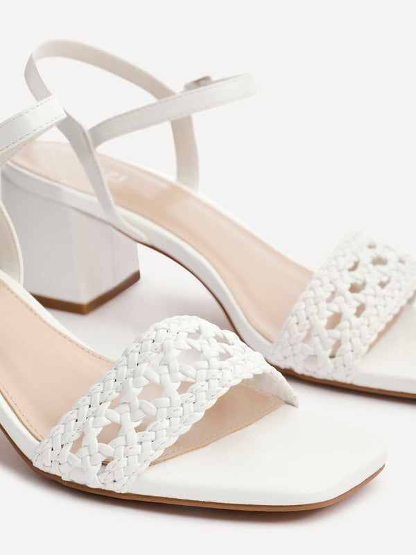 Linzi White Faux Leather Handwoven Low Block Heeled Sandal