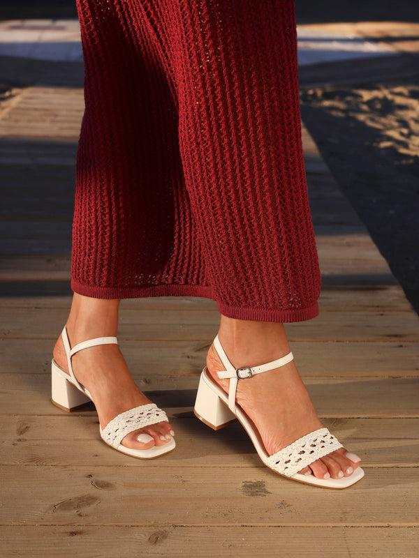 linzi White Faux Leather Handwoven Low Block Heeled Sandal
