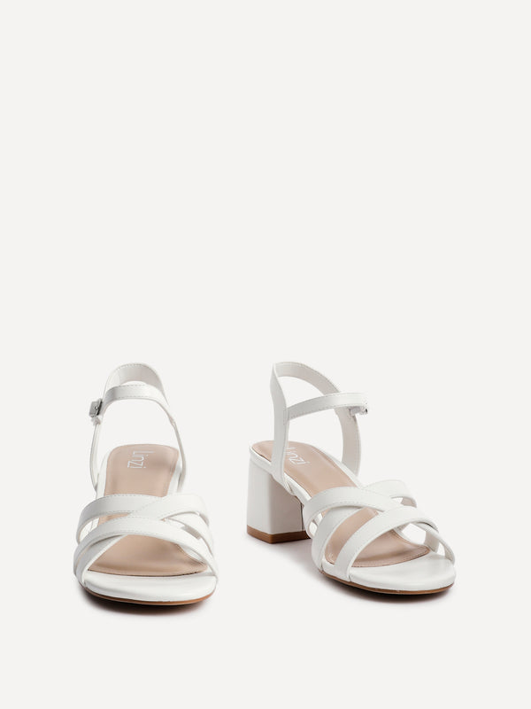 Linzi White Faux Leather Heeled Sandals With Crossover Straps