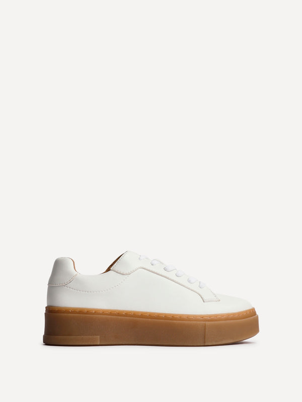 Linzi White Faux Leather Lace-Up Flatform Trainers With Gum Sole