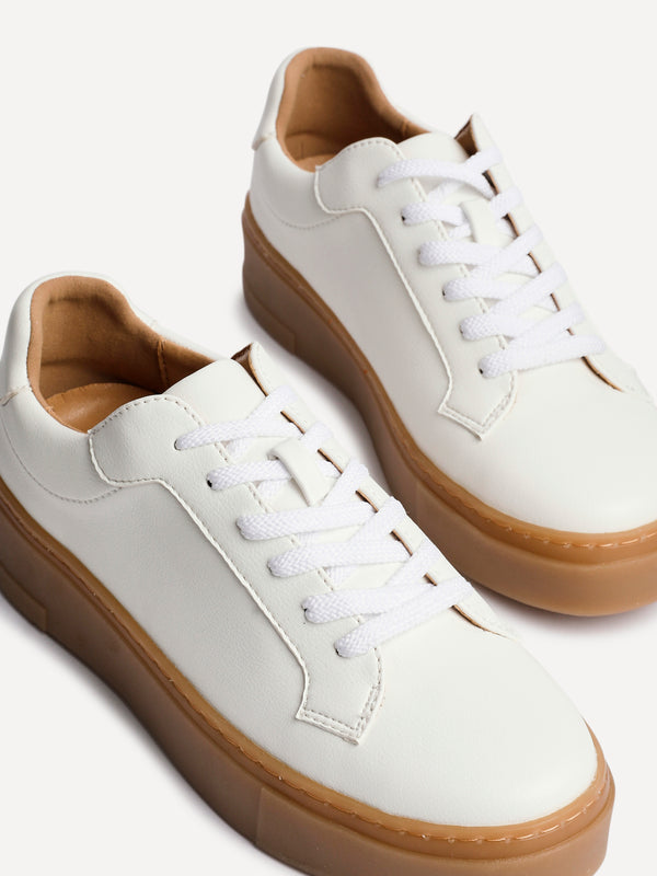 Linzi White Faux Leather Lace-Up Flatform Trainers With Gum Sole