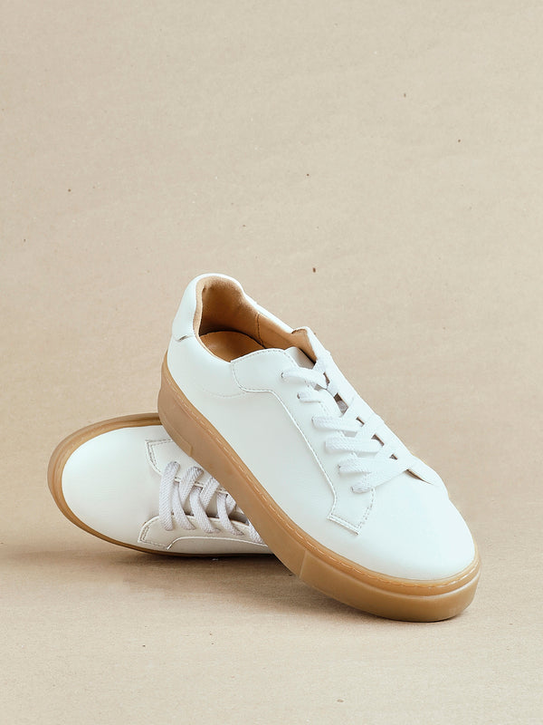 linzi White Faux Leather Lace-Up Flatform Trainers With Gum Sole