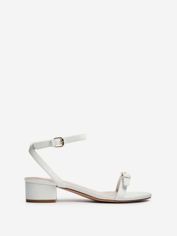 Linzi White Faux Leather Low Block Heeled Sandal With Buckle Detail