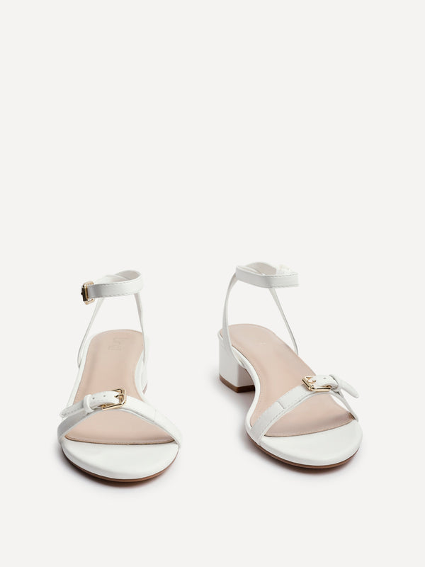 Linzi White Faux Leather Low Block Heeled Sandal With Buckle Detail