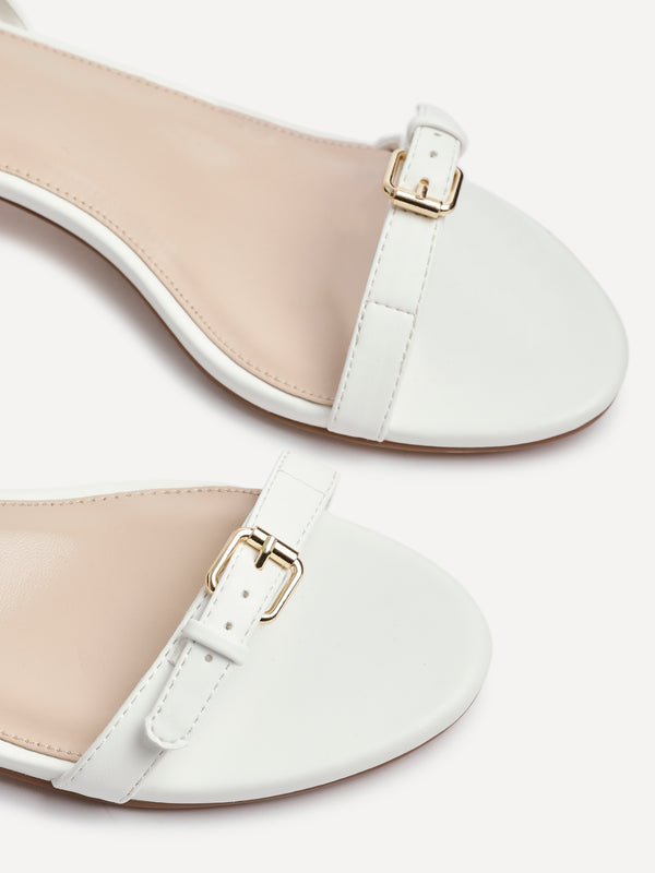 Linzi White Faux Leather Low Block Heeled Sandal With Buckle Detail