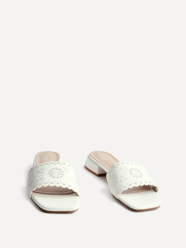 Linzi White Faux Leather Mule With Floral Detailing