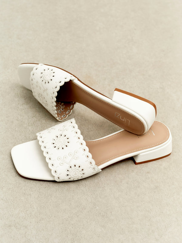 linzi White Faux Leather Mule With Floral Detailing