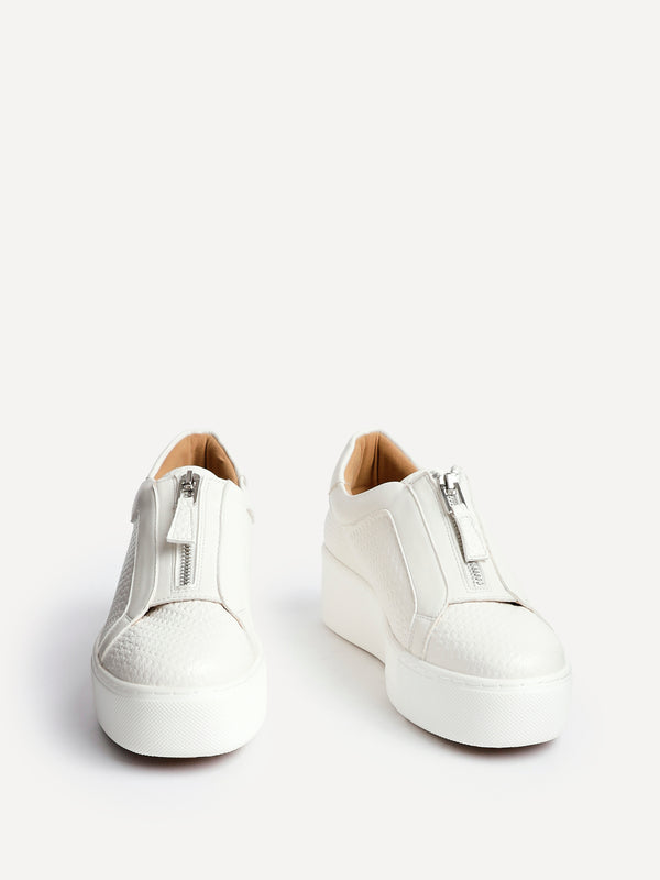 Linzi White Faux Leather Platform Trainer With Front Zip Detail