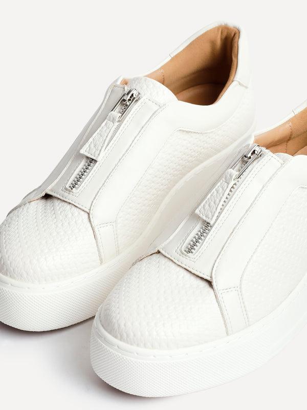 Linzi White Faux Leather Platform Trainer With Front Zip Detail