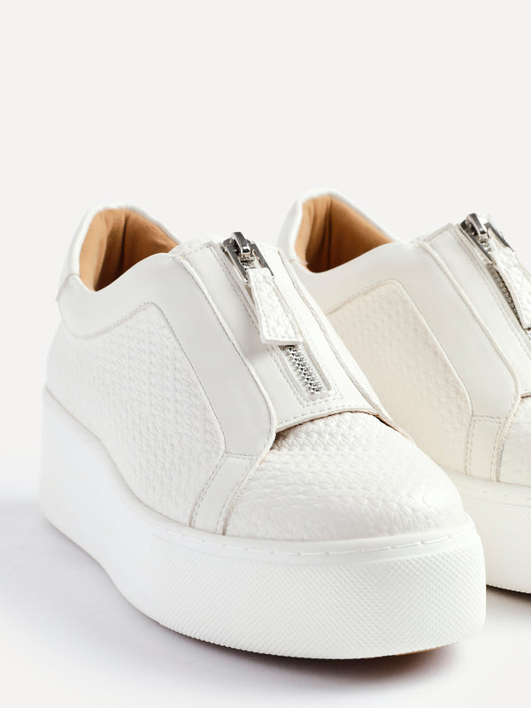 Linzi White Faux Leather Platform Trainer With Front Zip Detail