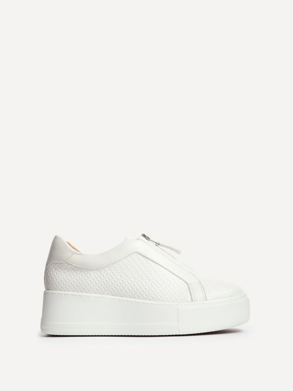 linzi White Faux Leather Platform Trainer With Front Zip Detail