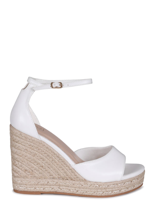 Linzi White Faux Leather Rope Platform Wedge With Wrap Around Ankle Strap