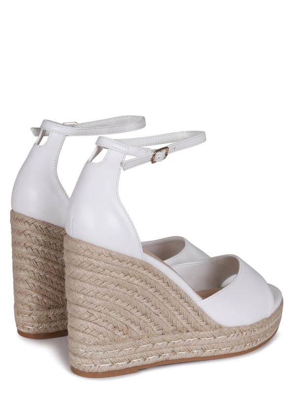 Linzi White Faux Leather Rope Platform Wedge With Wrap Around Ankle Strap