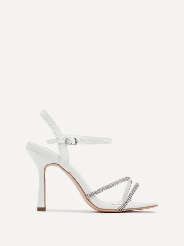 Linzi White Faux Leather Square Toe Diamonte Embellished Heel