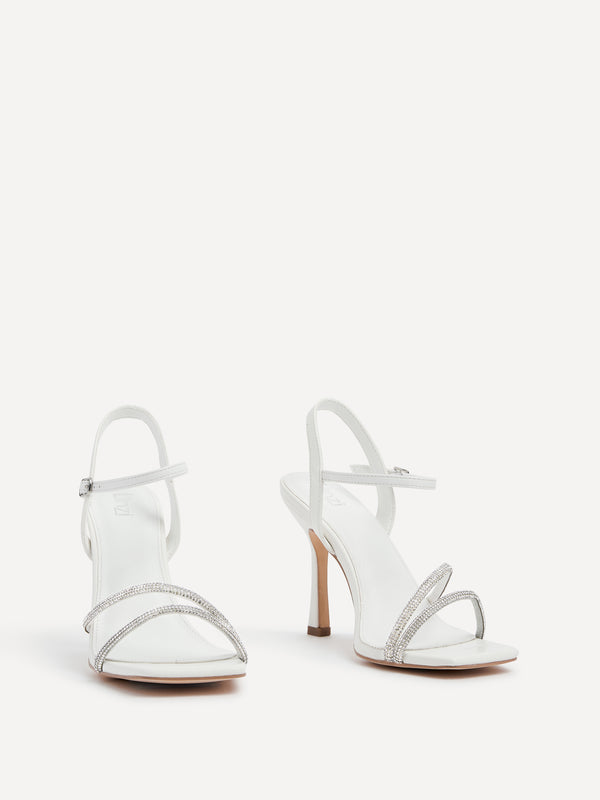 Linzi White Faux Leather Square Toe Diamonte Embellished Heel