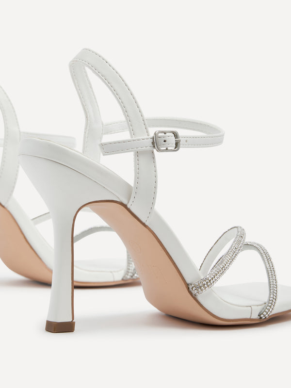 Linzi White Faux Leather Square Toe Diamonte Embellished Heel