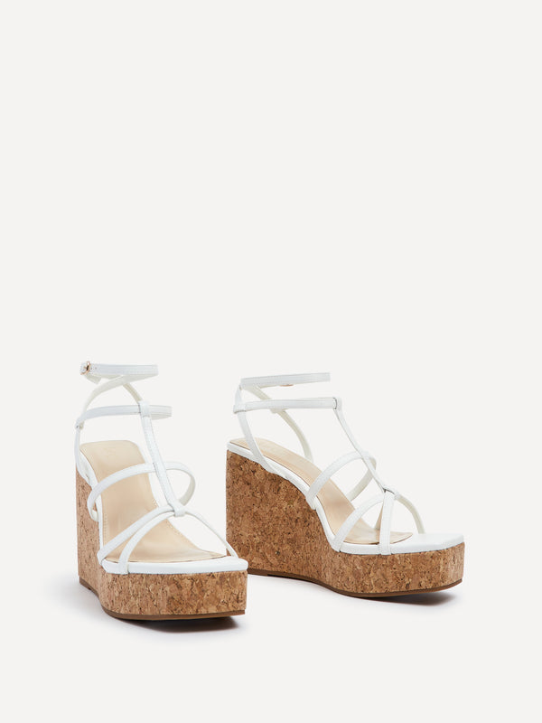 Linzi White Faux Leather Square Toe Strappy Cork Wedge