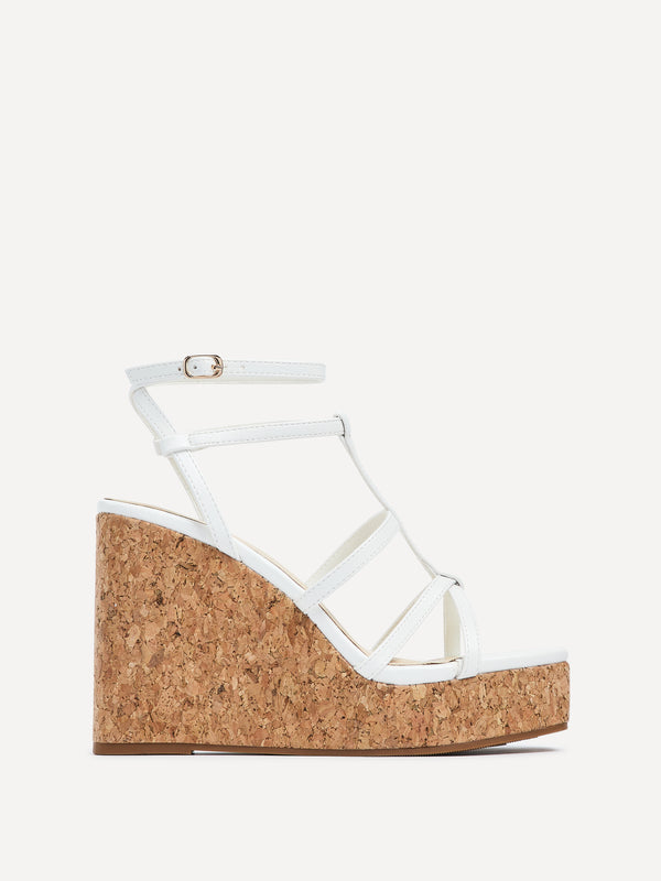 Linzi White Faux Leather Square Toe Strappy Cork Wedge