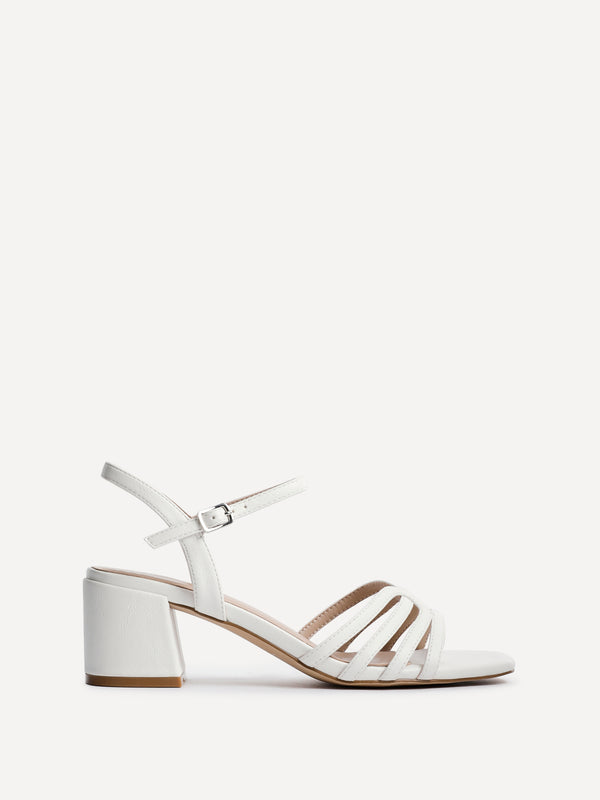 Linzi White Faux Leather Strappy Heeled Sandals With T-Bar