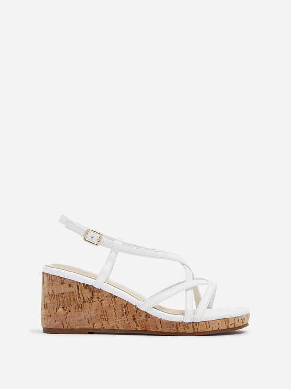 Linzi White Faux Leather Strappy Wedge Sandal With Wrap Around Ankle Strap