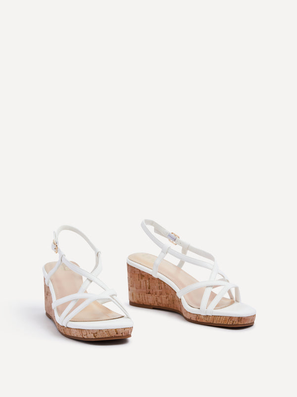 Linzi White Faux Leather Strappy Wedge Sandal With Wrap Around Ankle Strap