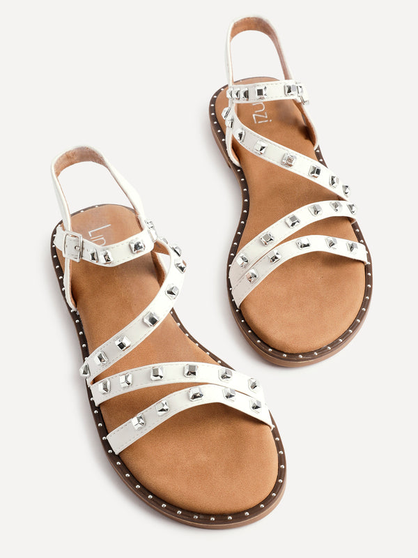 Linzi White Faux Leather Studded Gladiator Style Flat Sandal