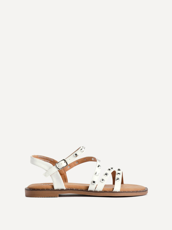 Linzi White Faux Leather Studded Gladiator Style Flat Sandal