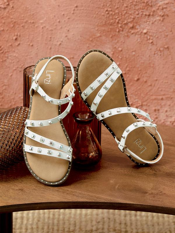 linzi White Faux Leather Studded Gladiator Style Flat Sandal
