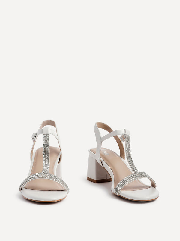 Linzi White Faux Leather T-Bar Diamante Block Heeled Sandal