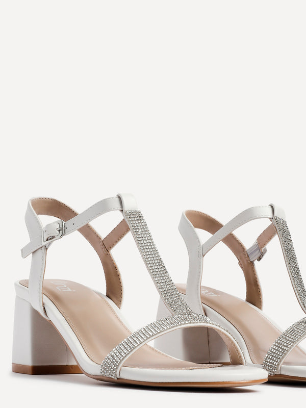 Linzi White Faux Leather T-Bar Diamante Block Heeled Sandal