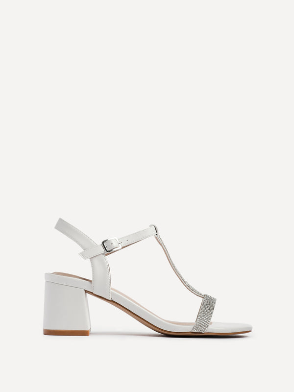 linzi White Faux Leather T-Bar Diamante Block Heeled Sandal