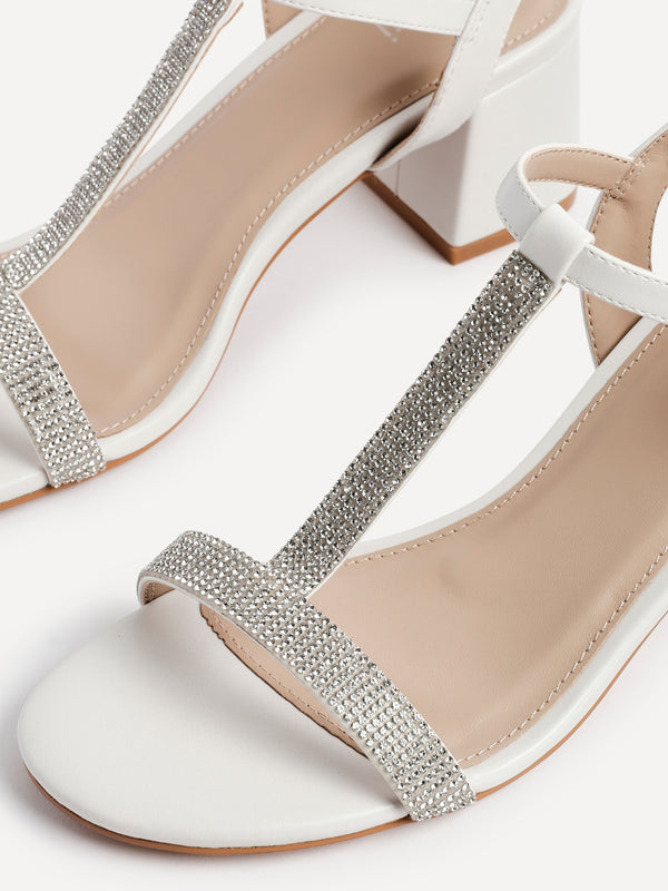 Linzi White Faux Leather T-Bar Diamante Block Heeled Sandal