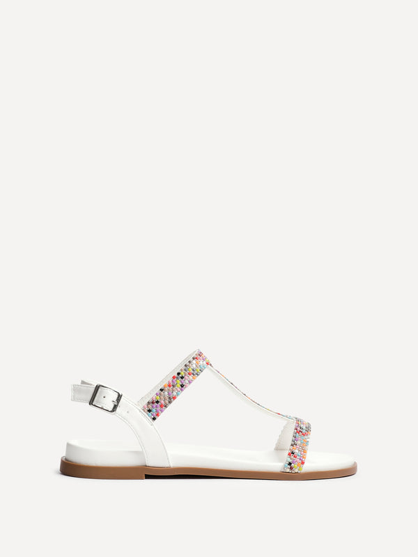 Linzi White Faux Leather T-Bar Flat Sandal With Multi Coloured Beading Detail