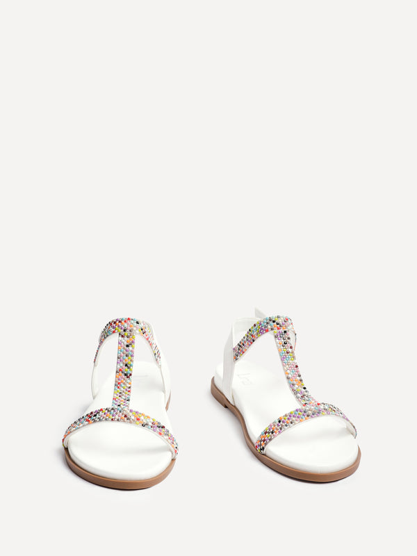 Linzi White Faux Leather T-Bar Flat Sandal With Multi Coloured Beading Detail