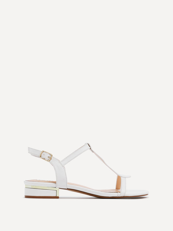 Linzi White Faux Leather T-Bar Looped Low Block Sandal