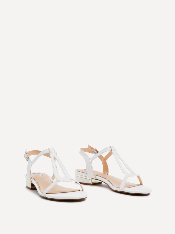 Linzi White Faux Leather T-Bar Looped Low Block Sandal