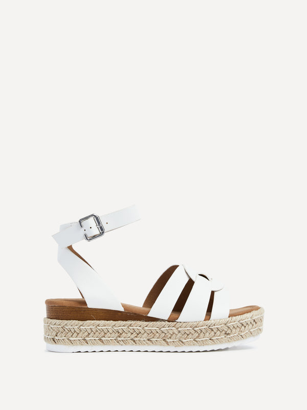 Linzi White Faux Leather Woven Espadrille Inspired Flatform Sandal