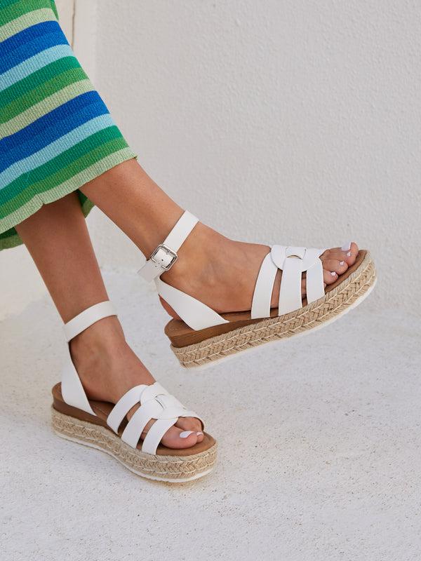 linzi White Faux Leather Woven Espadrille Inspired Flatform Sandal